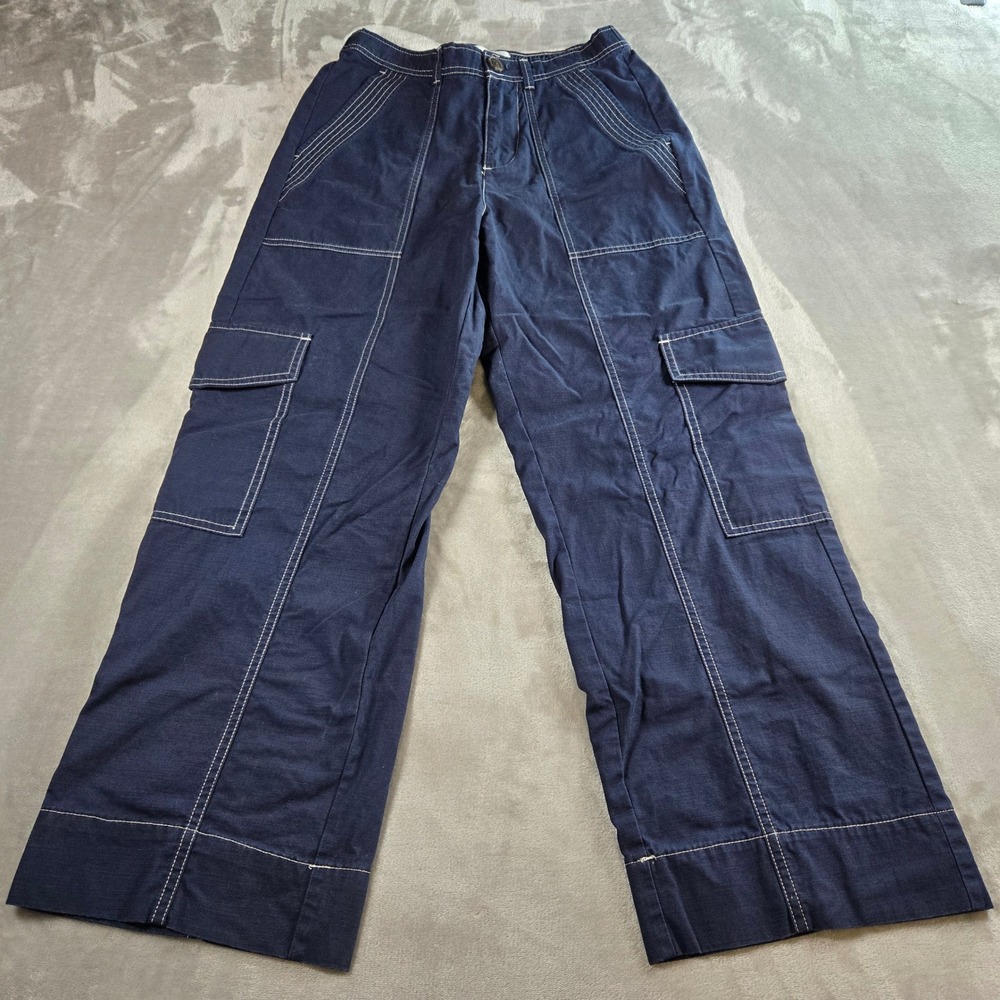 FREE ASSEMBLY Women Wide Leg Cargo Pants Navy Blue Stitching Casual XS